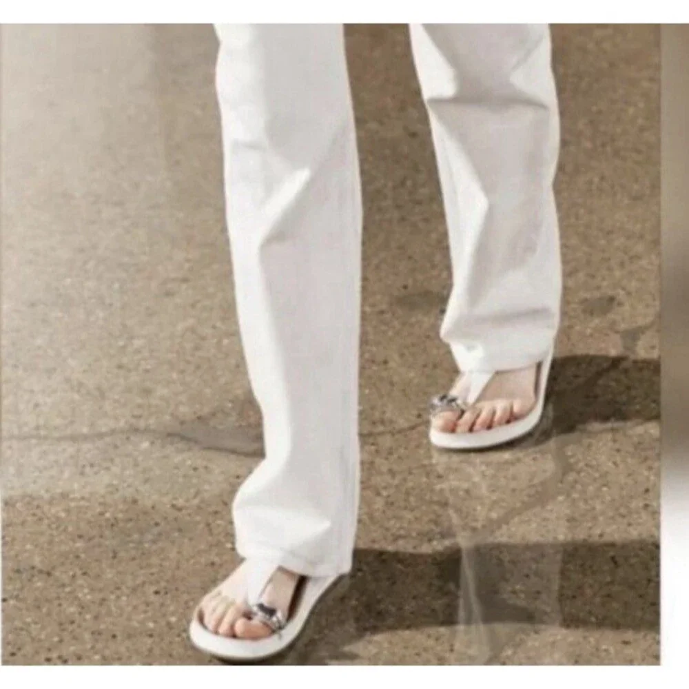 Zara Flat Leather Sandals with Metallic Bead - White EUR 39 US 8 - NWOT - Picture 3 of 16